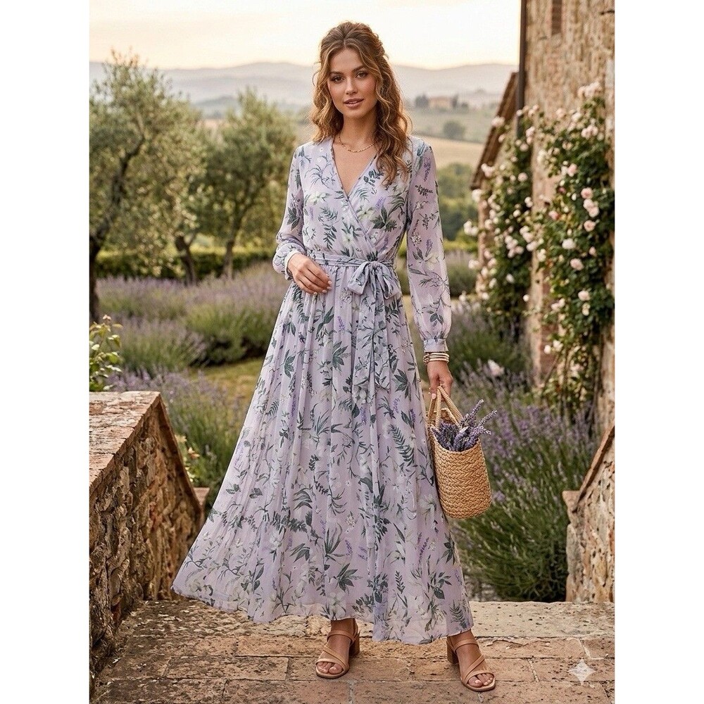 Ivy City Co Sweet Caroline Floral Maxi Dress Size M Lavender Wrap Smocked Sleeve